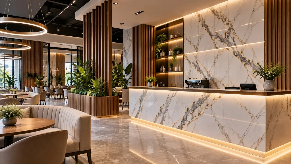Restaurante y barra comercial revestidos con láminas de mármol PVC y listones WPC UNITEC